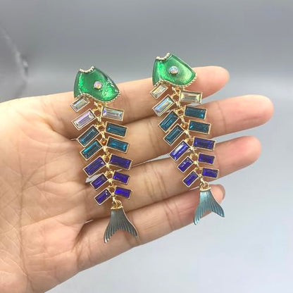 Fish Bone Earrings Drip Oil Animal Earrings Colorful Crystal Sparkly Enamel Earrings Creative Long Fishbone Earstud Dangle Fish Drop Earrings Jewelry for Women - color: Blue