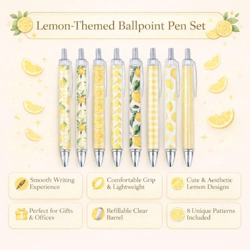 8PC Lemon Pens Kawaii Writing Gel Pen Summer Tropical Fruit Stationery Set Party Favors Decorations Office School Classroom Supplies Yellow Stuff Lemonade Themed Decor Bulk Gifts For Friends Coworkers - style: Lemon