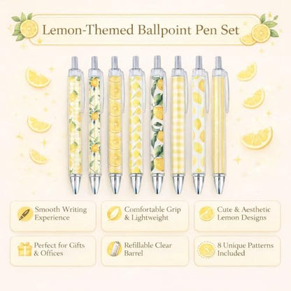 8PC Lemon Pens Kawaii Writing Gel Pen Summer Tropical Fruit Stationery Set Party Favors Decorations Office School Classroom Supplies Yellow Stuff Lemonade Themed Decor Bulk Gifts For Friends Coworkers - style: Lemon
