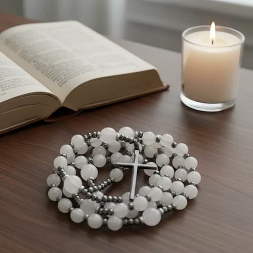 Nazareth Store Jasper Rosary Necklace – Catholic Handmade Rosary with Stone Beads, Hematite Spacers, and Black Alloy Cross – Durable Prayer Beads for Men and Women - color: White Jade