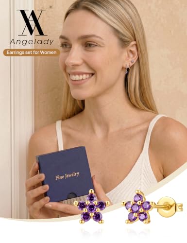 Angelady Gold Hoop Earrings Set for Women, Dainty 14K Gold Plated Flower Moon Cross Dangle Earrings, Hypoallergenic Huggie Hoop Earring Stacks, Stud Earrings for Women Trendy Jewelry Gift - color: Gold Purple CZ