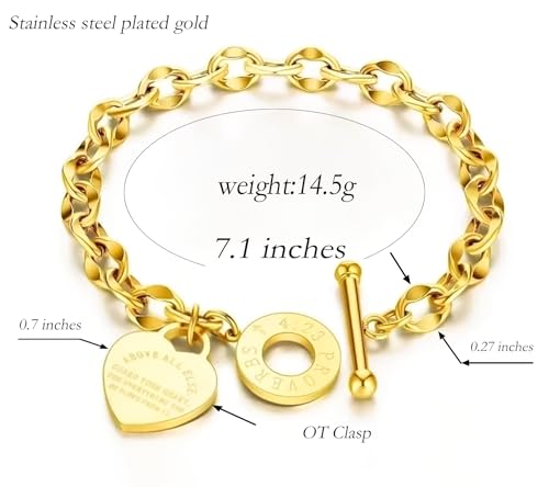 Heart Charm Bracelet Plated 18K Gold/Silver/Rose Gold Bible Scripture Heart Bracelet for Women Jewelry Gift Her Link Chain OT Clasp Stainless Steel - color: 18k Gold（7.1 inch）