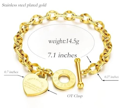 Heart Charm Bracelet Plated 18K Gold/Silver/Rose Gold Bible Scripture Heart Bracelet for Women Jewelry Gift Her Link Chain OT Clasp Stainless Steel - color: 18k Gold（7.1 inch）