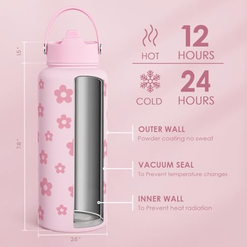 SANDJEST Floral Water Bottle Stainless Steel 32oz with Lid & Straw, Daisy Insulated Bottles Gifts for Women Girls Friends Teens Birthday Christmas - color: Daisy 1