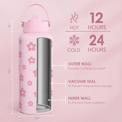 SANDJEST Floral Water Bottle Stainless Steel 32oz with Lid & Straw, Daisy Insulated Bottles Gifts for Women Girls Friends Teens Birthday Christmas - color: Daisy 1
