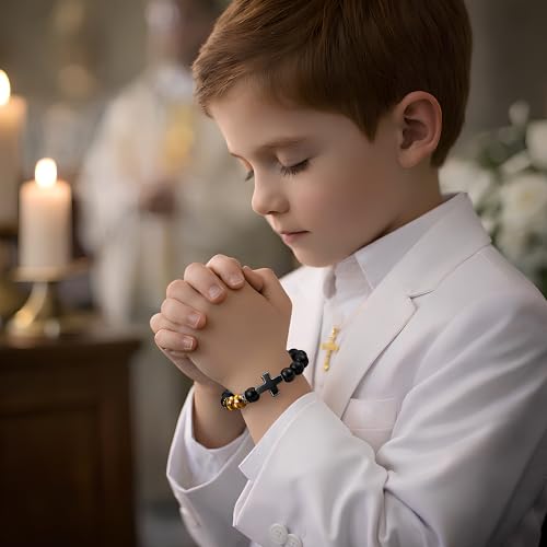 Christian Cross Bracelet Gift for Men Boys Adjustable Beaded Cross Bracelet Religious Jewelry with Message Card for Communion Baptism Confirmation Easter - style: Classic Cross First Communion