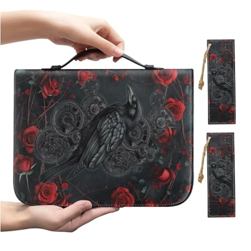 Faux Leather Bible Cover Church Bible Bag with Bookmarks Black Raven Red Rose Print Book Covers Carrying Bible Case with Zippered Pockets for Prayer Christian Study, XL - color: Black Raven Red Rose, size: X-Large