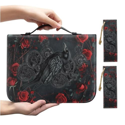 Faux Leather Bible Cover Church Bible Bag with Bookmarks Black Raven Red Rose Print Book Covers Carrying Bible Case with Zippered Pockets for Prayer Christian Study, XL - color: Black Raven Red Rose, size: X-Large