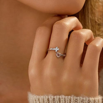 SUYACS 925 Sterling Silver Mustard Seed Heart Cross Rings for Women - color: Silver