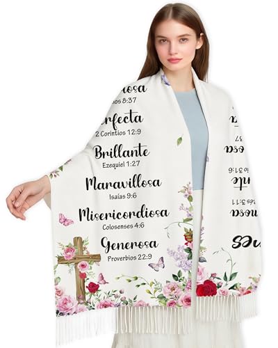 Bozidol Prayer Shawl for Women Christian Floral Cross Bible Verse Scarf Clothes for Christmas Mothers Day Birthday Gifts - color: Spanish