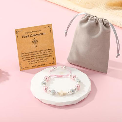 First Communion Confirmation Gifts for Girls, Cross Natural Beads Bracelet Christian Religious Jewelry Gifts for Kids Teen Girls - style: First Communion