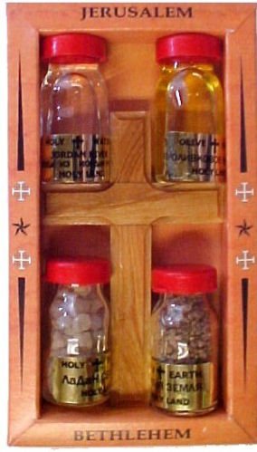 Small Bottles of Holy Water, Holy Oil, Biblical Incense, Holy Earth, Olive Wood Cross