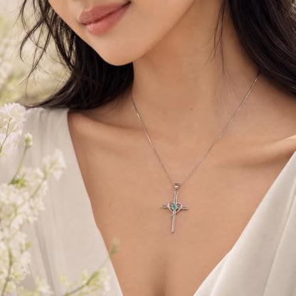 Cross Heart Necklace, 18K Gold Plated Crystal Pendant for Women - color: White-Light Turquoise