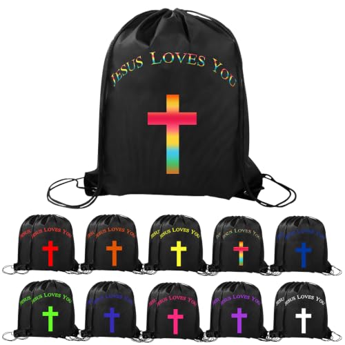 VZZNN 20 Pcs Jesus Loves You Drawstring Backpack Bulk Christian Gift Bags Church Supplies String Backpack Cinch Bag Jesus Stuff(10 Colors) - color: Style 3