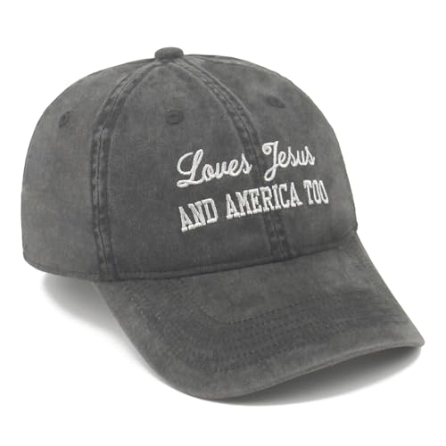 Faith Christian Patriotic Embroidered Baseball Cap, Vintage Cotton Dad Hat for Men Women, Birthday - color: Loves Jesus and America Too, Black