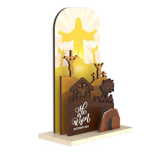 He Is Risen Wooden Easter Decor, Resurrection Scene Empty Tomb, Christian Table Decorations Indoor, Catholic Cross Jesus Religious Easter Gifts Decor For Church,Home, Office -A08 - color: Golden Sunrise