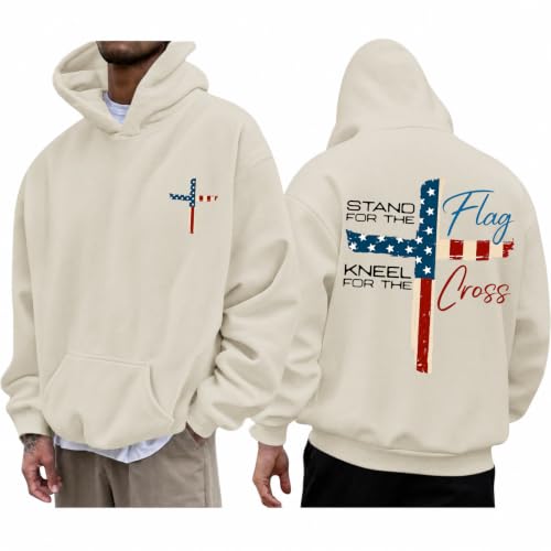 Tuislay Mens Christian Stand for The Flag Kneel for The Cross Hoodies Jesus Faith American Flag Sweatshirts Religious Sweater - color: Apricot, size: Medium