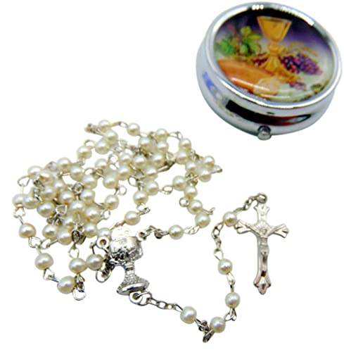 Westmon Works Girl's First Communion Rosary Set White Glass Bead with Metal Chalice Centerpiece and Crucifix with Case and Holy Prayer Card in a Drawstring Bag