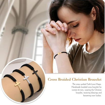 Christian Gifts Cross Bracelet for Men Easter Baptism Religious Gifts for Women Handmade Braided Bracelets Inspirational Confirmation Gifts for Teenage Girl Boys Jewelry - color: Silver, style: Proverbs 31:25