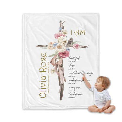 Personalized Baptism Blanket for Girl, Custom Floral Cross Baby Blanket, Christian Baby Girl Gift, Baptized in Christ Throw Blankets, Catholic Christening Blanket, Scripture - color: #Ver1