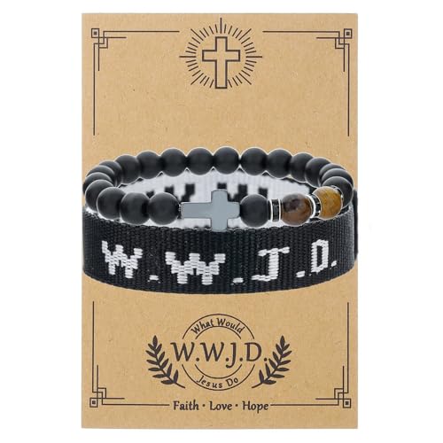 WWJD What Would Jesus Do Christian Stackable Bracelet Set for Women Men, Inspirational Faith Cross Beaded Elastic Wristbands, Religious Bible Verse Jewelry Gift for Church - color: Black 2pcs
