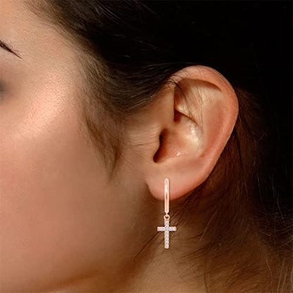 Religious Cross Dangle Drop Earrings Women Sterling Silver 0.20 CT (1/5 Ct) - color: Rose Gold Over Silver