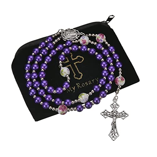8mm Purple Pearl Beads Catholic Rosary Glass Beaded Acrylic String Necklace White Ceramics Bead Rosary Miraculous Medal Crucifix Cross Gift for Women Girls - color: Purple