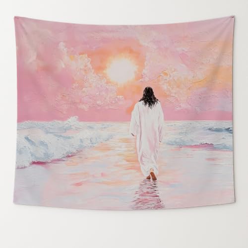 bitCNY Pink Christian Jesus Walking on Water Tapestry 50x60 - color: Pink Walking on Water