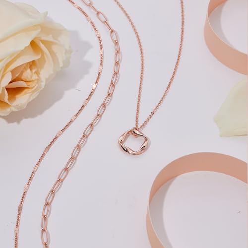 Poxtex Layered Gold Necklaces for Women, Stackable Dainty 14K Gold Silver Plated Trendy Simple Heart Diamond Cross Bow Circle Pendant Paperclip Choker Dot Chain Necklace,Jewelry Set Gifts for Women - color: Rose Gold, style: Circle1
