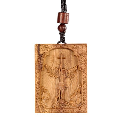 Wooden Archangel St. Michael Necklace, Carved Olive Wood, Wooden Religious Pendant Jewelry (Cross) - color: Square