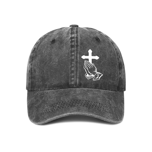 Praying Cross Hat - Faith Adjustable Vintage Washed Cotton Baseball Cap for Men Women - Religious Christian Jesus Gifts - color: Carbon