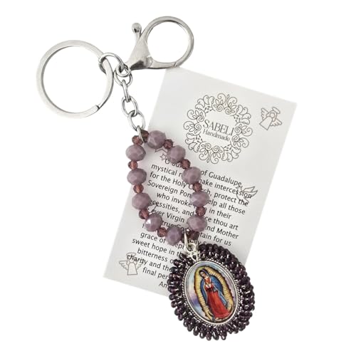 Sabeli Handmade Keychain Clip Holder - Catholic Rosary Bead Prayer - Religious Gifts Men Women - Llavero Catolico Regalo - color: Virgen De Guadalupe Purple