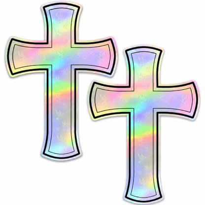 Christian Holographic or Reflective Cross Car Decal, Jesus Cross Vinyl Sticker with Subtle Dove or Heart Pattern, Weather Resistant (Hologram Dove - 2 Pack) - color: Hologram Dove - 2 Pack