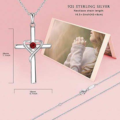 AmorAime 925 Sterling Silver Cross Necklace for Women Men 14K Gold Plated 5A CZ Birthstone Necklaces for Holiday - color: A.Red-Garnet-January