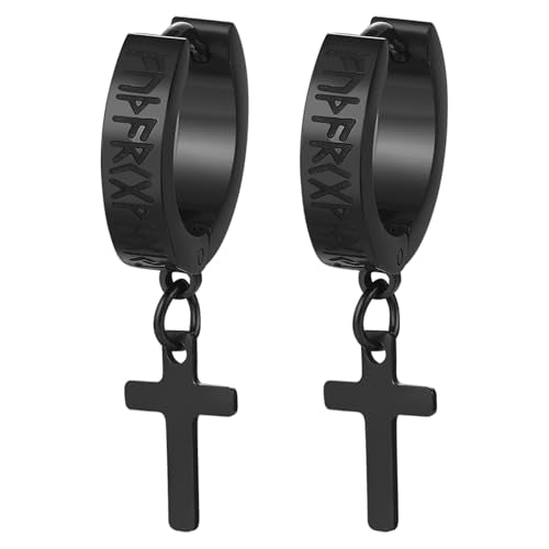 Cupimatch 3-6 Pairs Stainless Steel Cross Dangle Huggie Hinged Hoop Earrings for Men Women (1 Pair Silver Cross) for Mother's Day - color: hoop-black