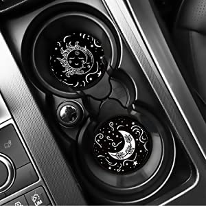 2.56" Small Absorbent Car Coasters (2-Pack) - Ceramic Cup Holder Coasters for Cars, Anti-Slip & Spill-Proof - Keep Cupholders Clean & Dry - color: Sun and Moon