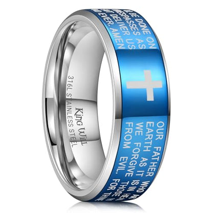 King Will Stainless Steel Men Ring Lord's Prayer Cross Ring Stainless Steel Men Wedding Ring, Wedding Band Bible Engraved Rings High Polished, Comfort Fit - color: blue polish