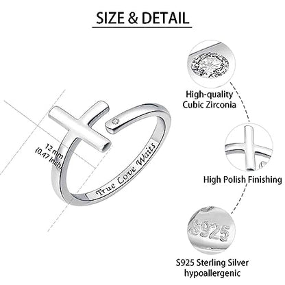 Sterling Silver Cross Rings for Women - Faith Inspirational Adjustable Rings Jewelry Gifts for Christian - style: Ture Love Waits