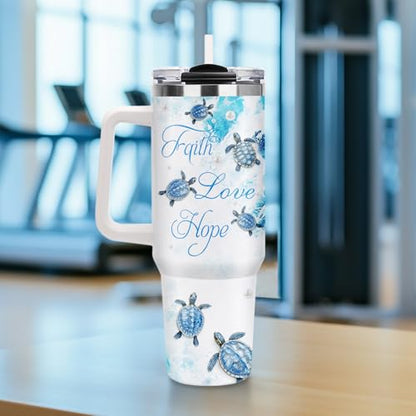 Christian Gifts for Women, 40oz Sea Turtle Tumbler with Straw Handle, Religion Faith Love Hope Stainless Steel Insulated Travel Mug Beverage Cups Present for Get Well Soon Birthday Spiritual Comfort - color: Sea Turtle-D-505-X