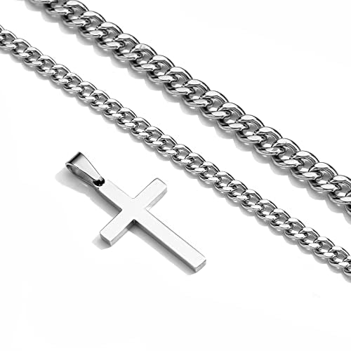 Zocomi Cross Necklace for Men Boys, Stainless Steel Layered Cuban Link Herringbone Chain Cross Pendant Christian Fashion Jewelry Gifts 16-24 Inches - color: Silver, size: 20inch/22inch, style: Cuban+Cuban