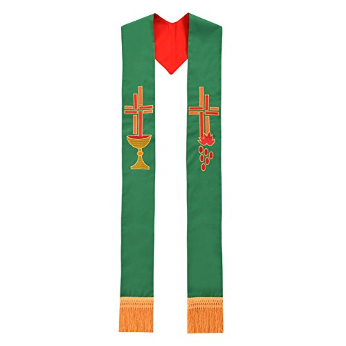 BLESSUME Pastor Vestments Reversible Stole with Fish Chalice Embroidery Red and Green