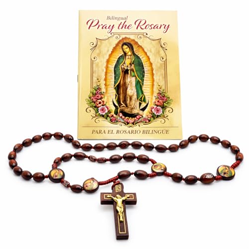 Our Lady of Guadalupe Bilingual Rosary Wood Bead Cord English Spanish Guide