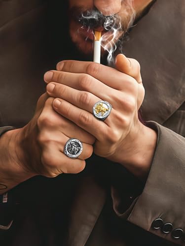 Saints Michael Ring for Men, 18K Gold Plated/Black Metal, St. Michael San Miguel The Great Protector Archangel Defeating Satan Figurine Stainless Steel Amulet Rings, Size 7-14, Send Gift Box - color: E-Silver&Gold Plated