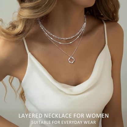 Poxtex Layered Gold Necklaces for Women, Stackable Dainty 14K Gold Silver Plated Trendy Simple Heart Diamond Cross Bow Circle Pendant Paperclip Choker Dot Chain Necklace,Jewelry Set Gifts for Women - color: Silver, style: Circle1