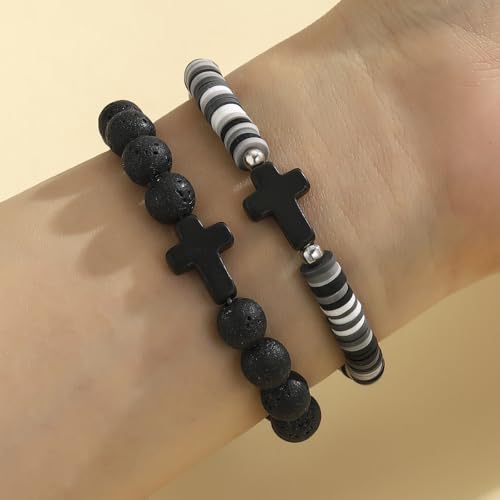 XAM 2Pcs Colorful Handmade Clay Stone Cross Beaded Bracelet for Men Women Inspirational Cross Faith Bracelet for Christian Easter Thanksgiving Christmas Birthday Gifts Jewelry - color: Black