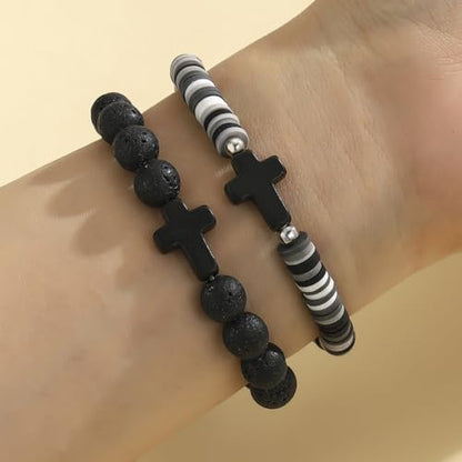 XAM 2Pcs Colorful Handmade Clay Stone Cross Beaded Bracelet for Men Women Inspirational Cross Faith Bracelet for Christian Easter Thanksgiving Christmas Birthday Gifts Jewelry - color: Black