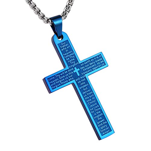 HZMAN Stainless Steel Cross Necklace for Men Women Lord's Prayer Pendant - color: Blue