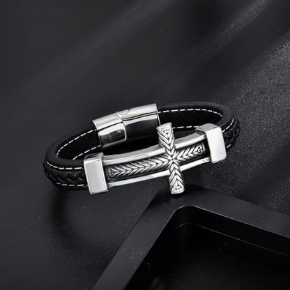 Leather Cross Bracelet Braided Faith Bangle for Men, 8.3 &9.1 Inch - color: 06.black leather; Style: wheat cross, size: 8.3in(Fits most wrists)