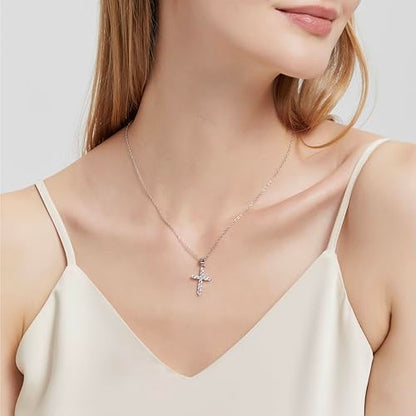 Cross Necklace for Women, Handcrafted S925 Sterling Silver Pendant - color: Sterling Silver + Zirconia