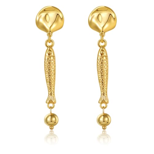 GZQ 14K Gold Fish Dangle Earrings for Women, Lightweight Hypoallergenic Drop Huggie Hoop Earrings for Daily Wear Beach Vacation - color: C